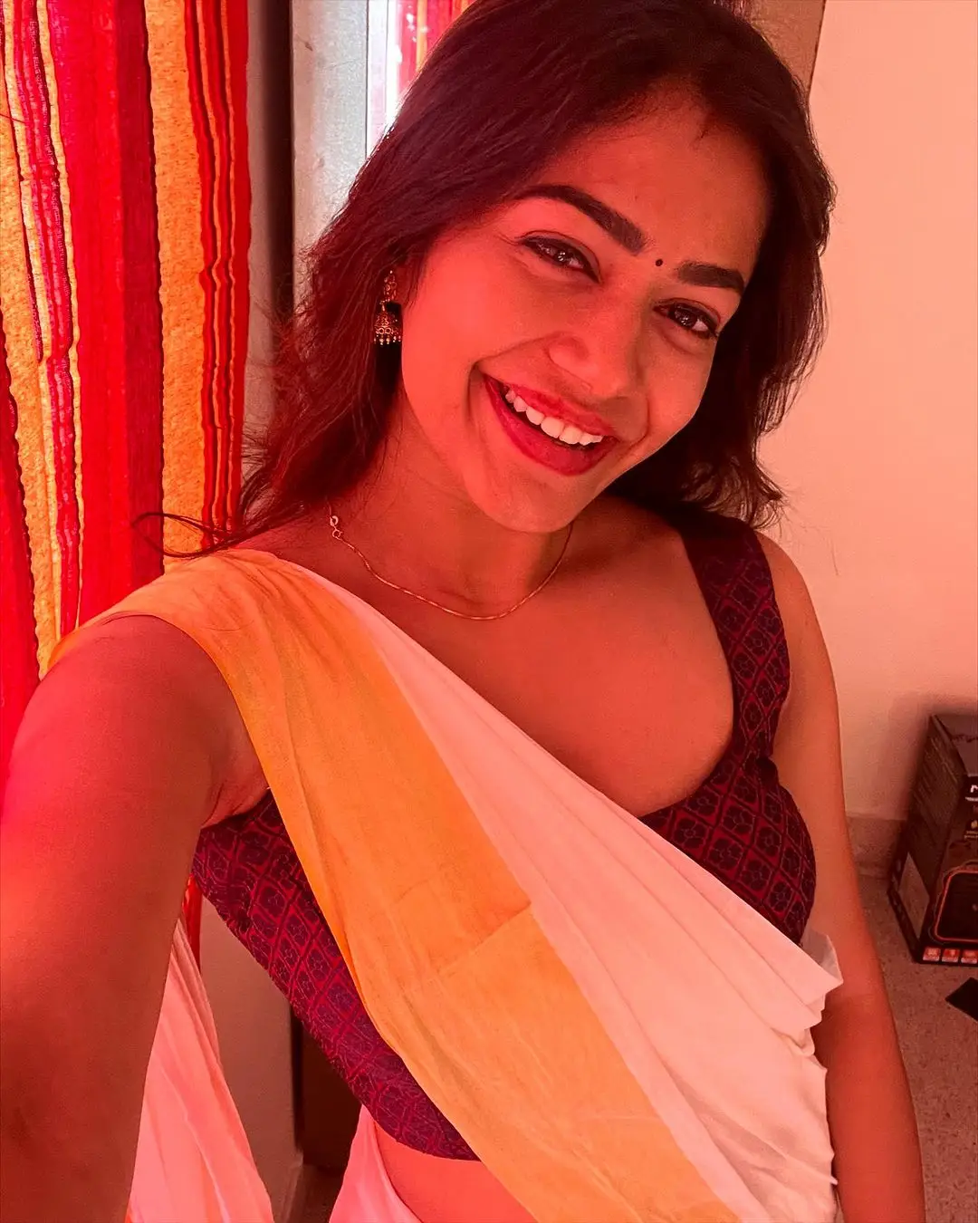 Actress Payal Radhakrishna in White Saree Sleeveless Maroon Blouse